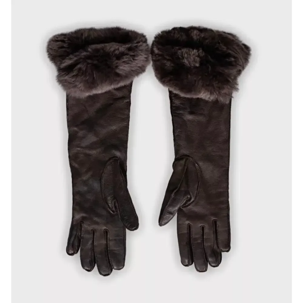 Loro Piana Brown Leather Suede Chinchilla Fur Gloves Sz.S